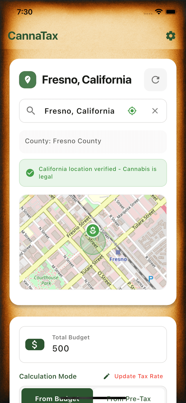 Cannabis Tax Calculator showing GPS location verification with California location banner and search functionality