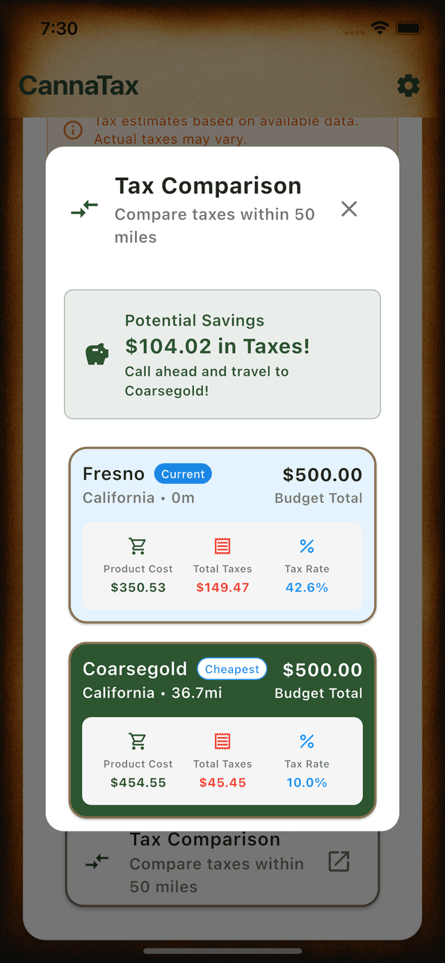 Cannabis Tax Calculator showing tax comparison dialog with current and cheapest location options